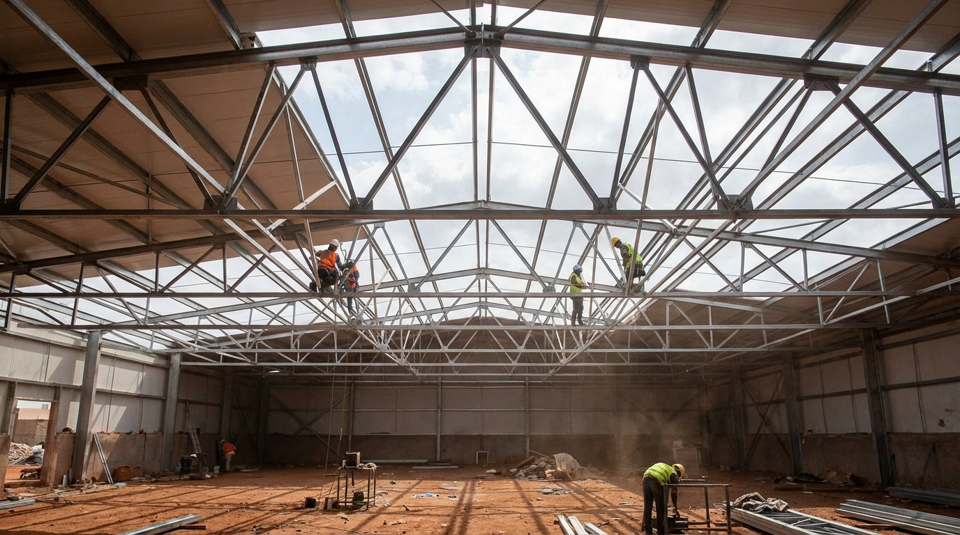 Charpente Métallique Charpente métallique en acier galvanisé vue intérieure avec poutres et pannes