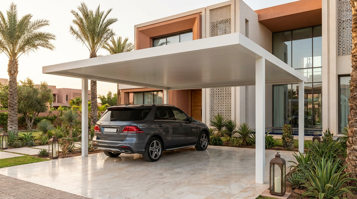 Carport Résidentiel Carport moderne en acier galvanisé protégeant des voitures devant une villa au Maroc