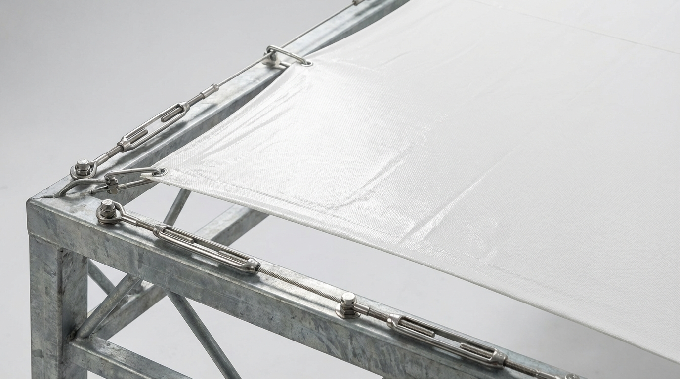 Toile PVC Haute Résistance Détail de toile PVC blanche tendue sur structure acier galvanisé