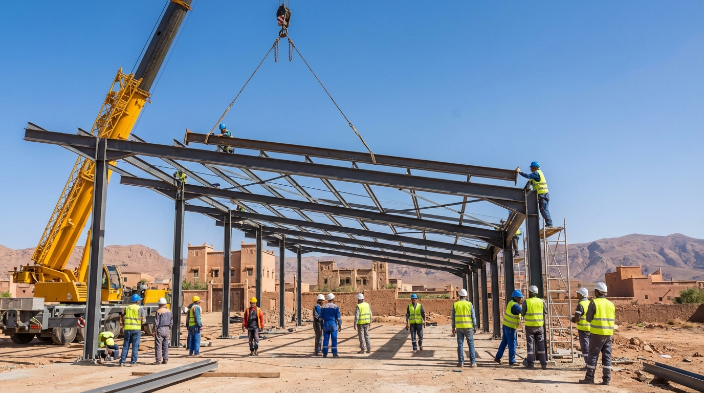 Installation Clé en Main Équipe de montage installant une structure métallique en acier galvanisé au Maroc