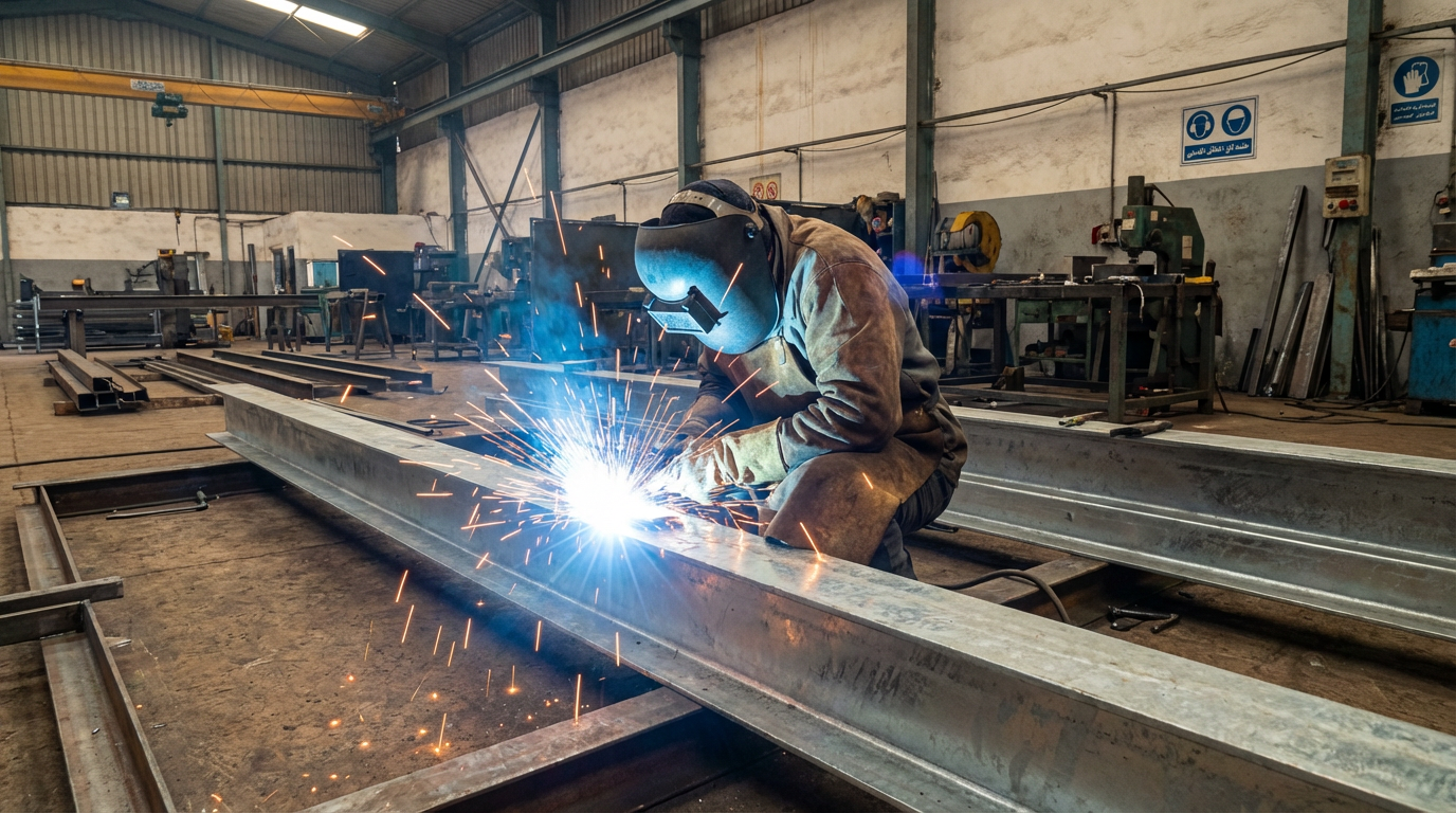 Fabrication en Atelier Soudeur professionnel travaillant sur une poutre acier dans un atelier au Maroc